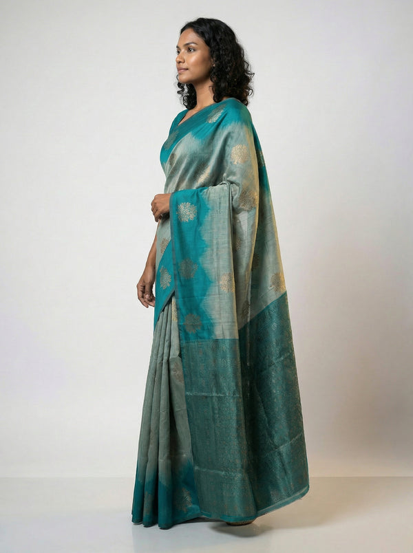 Art Silk Dual Tone Grey Teal Traditional Saree with Woven Motifs
