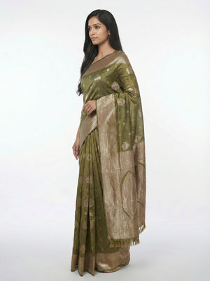 Semi Silk Premium Brownish Green Saree with Floral Blouse Piece