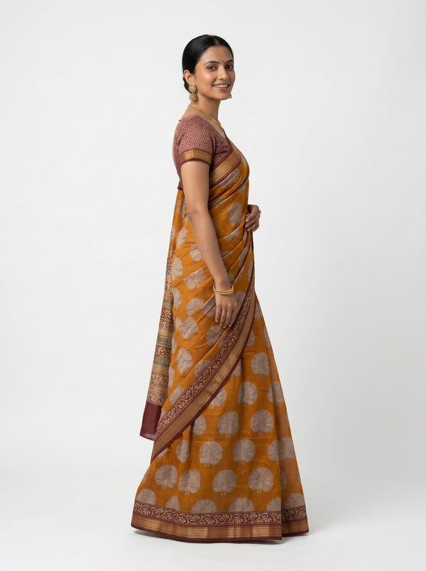 Chanderi Cotton Rust Orange Allover Tree Motif Saree