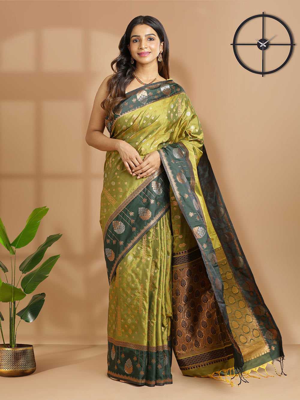 Olive Green Zari Designed Art Silk Saree With Bottle Green Border
