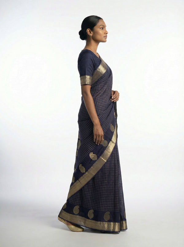 Cotton Purple Saree with Gold Checkered Weave and Zari Border