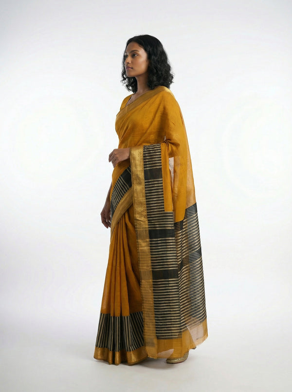 Cotton Mustard Saree with Contrast Stripe Pattern Border