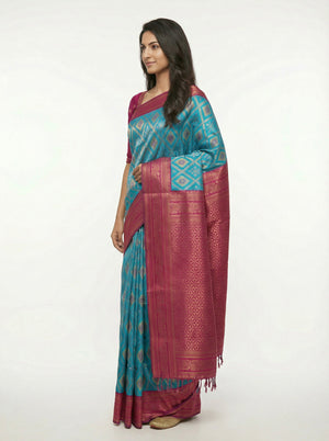 Semi Silk Women’s Peacock Blue Saree with Contrast Wine Blouse