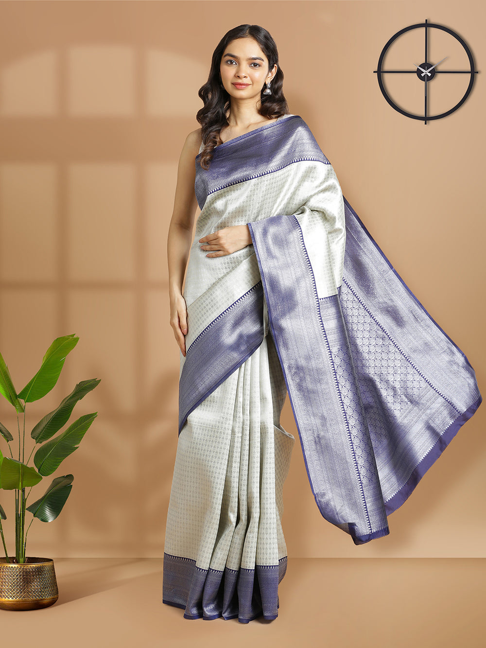 Pastel Grey Color Silver Woven Designed Art Silk Saree With Navy Blue Border