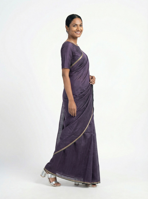 Shimmer Organza Dusty Purple Plain Saree with Minimal Embellished Border