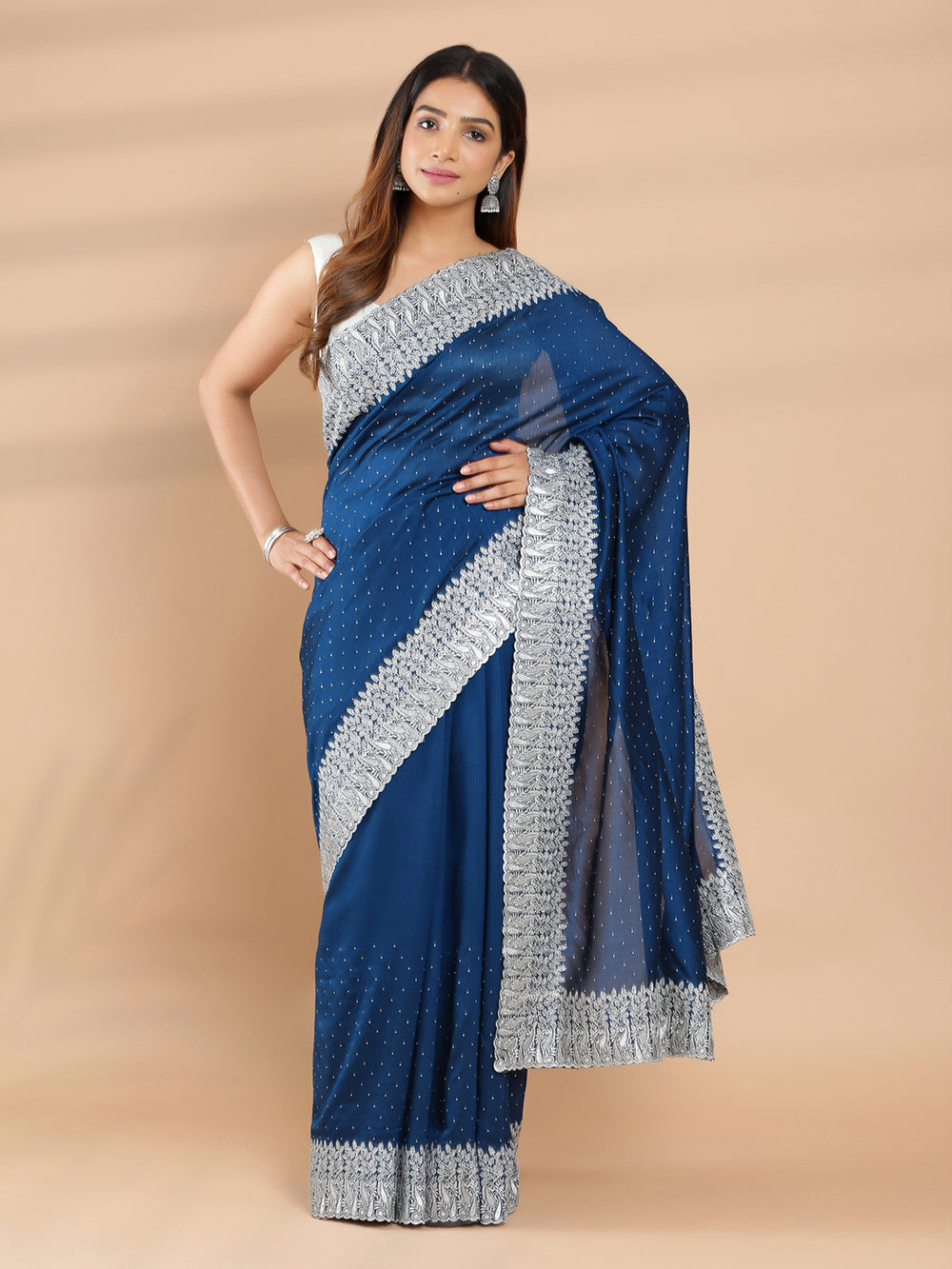 Teal Blue Color Vijithra Silk Saree With White Stone Work