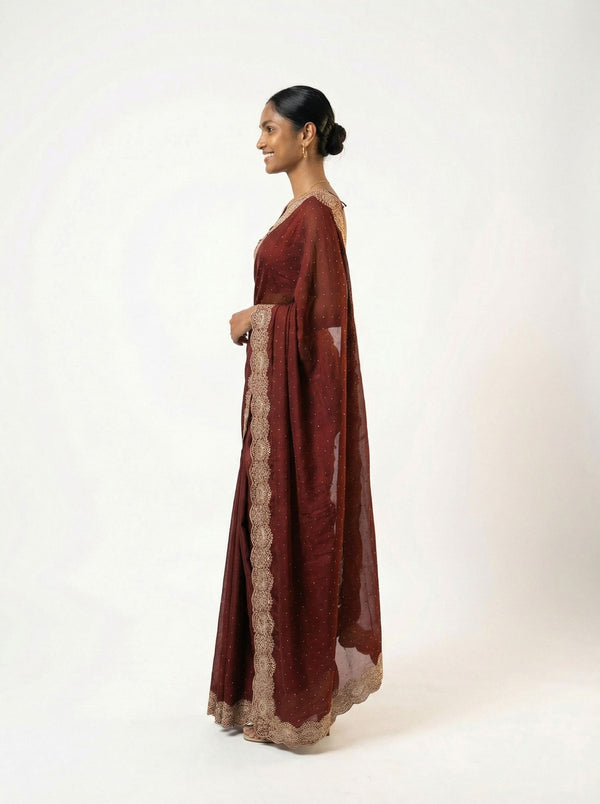 Shimmer Organza Brick Brown Plain Designer Saree with Micro Dot Work and Heavy Embroidered Border