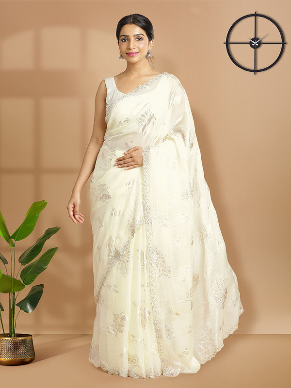 Cream Color Soft Organza Chiffon Saree With Foil Floral Print Over Body