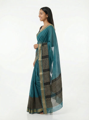Chanderi Cotton Teal Blue And Black Striped Saree