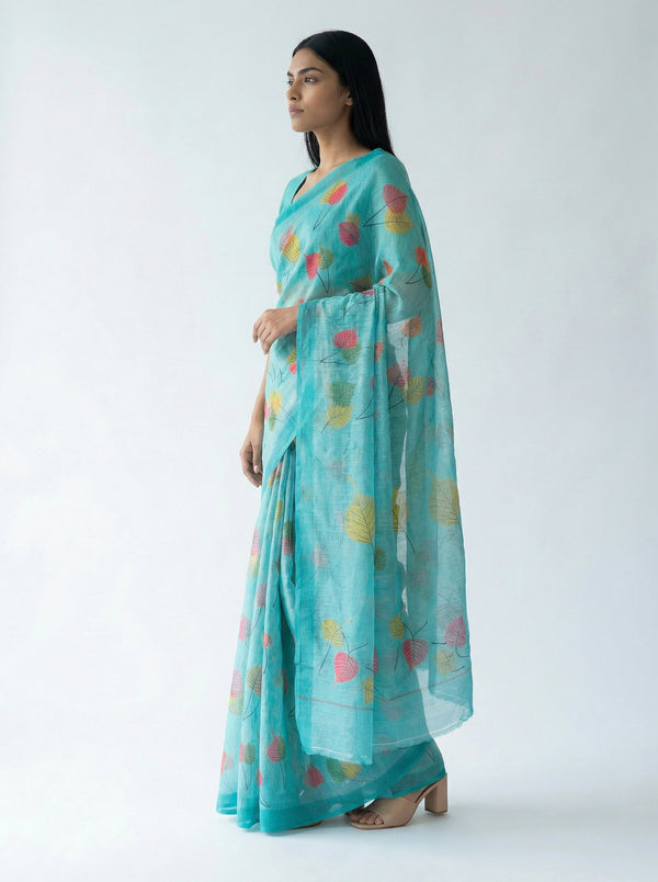 Cotton Sea Blue Leaf Printed Saree with Elegant Border