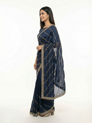 Shimmer Organza Blue Diagonal Stripe Designer Saree with Sequin Work and Embroidered Border