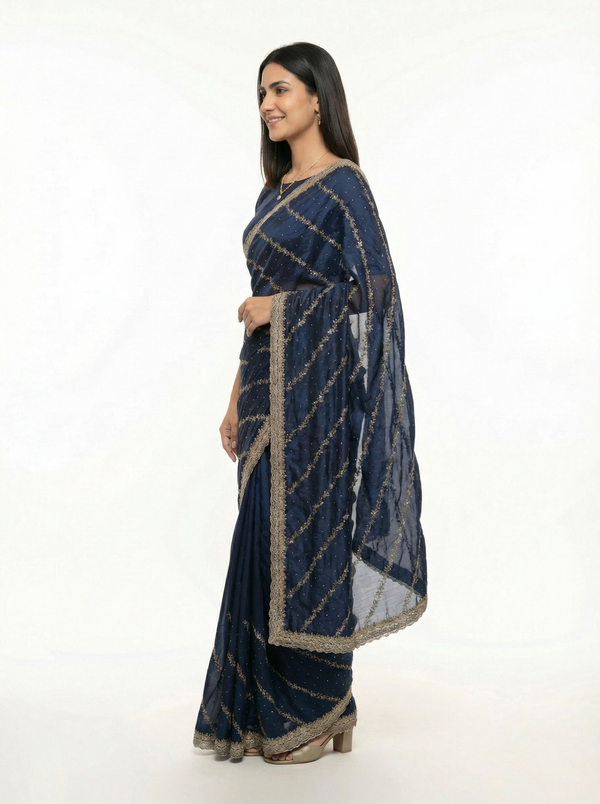 Shimmer Organza Blue Diagonal Stripe Designer Saree with Sequin Work and Embroidered Border