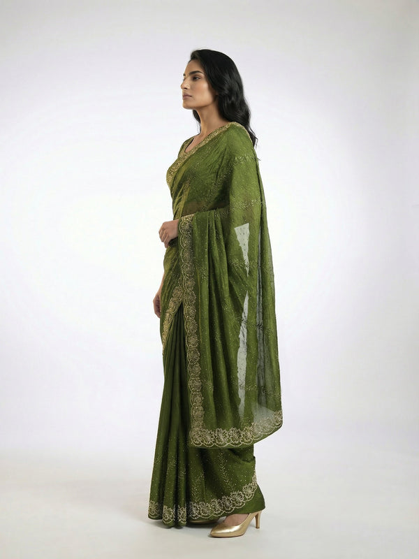 Vijithra Silk Dark Olive Green Stone Work Designer Saree