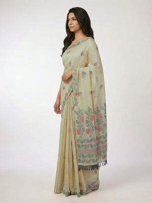 Chanderi Women’s Pastel Green Saree with Double Colour Leaf Motifs
