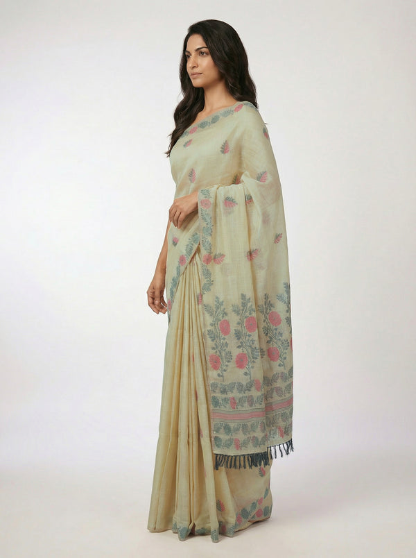 Chanderi Women’s Pastel Green Saree with Double Colour Leaf Motifs