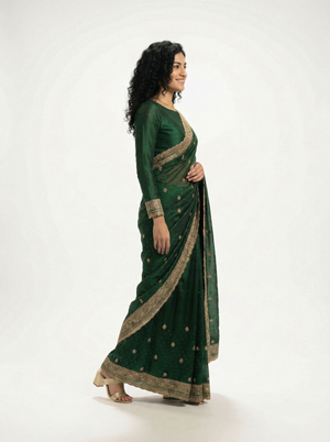 Organza Emerald Green Zari Butta Embroidered Designer Saree