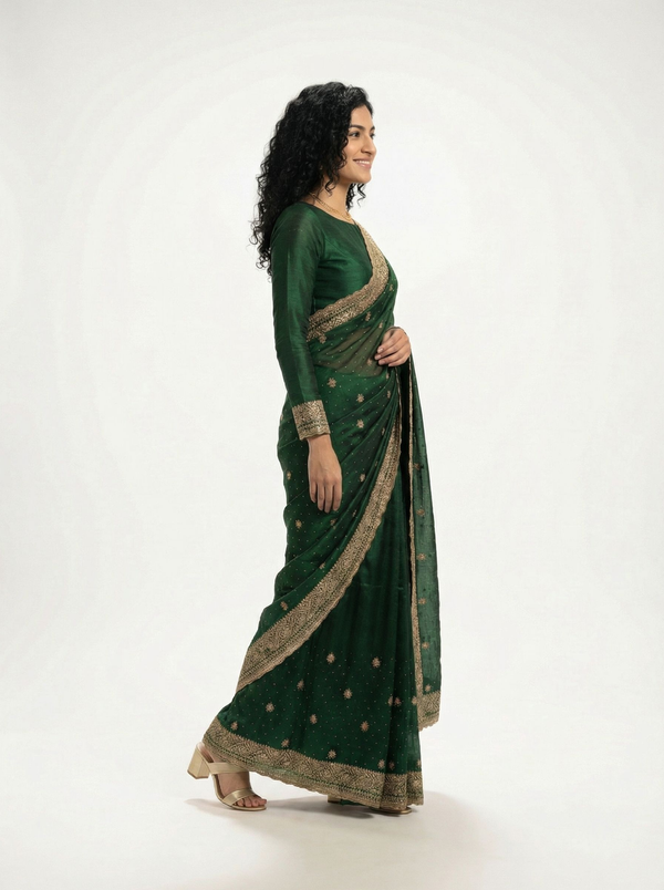 Organza Emerald Green Zari Butta Embroidered Designer Saree