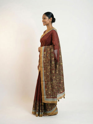 Chanderi Cotton  Maroon Floral Vine Printed Saree