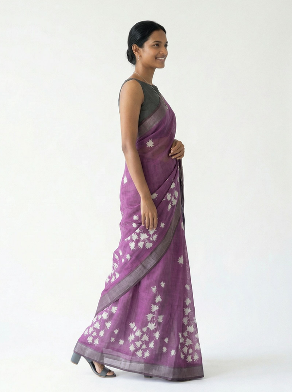 Chanderi Cotton Purple Floral Printed Pattern Saree