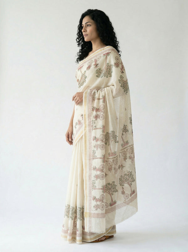 Cotton Off White Saree with Village Scene Print Design