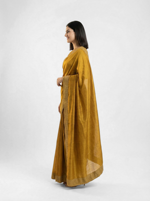 Vijithra Silk Mustard Yellow  Zari Scalloped Border Designer Saree