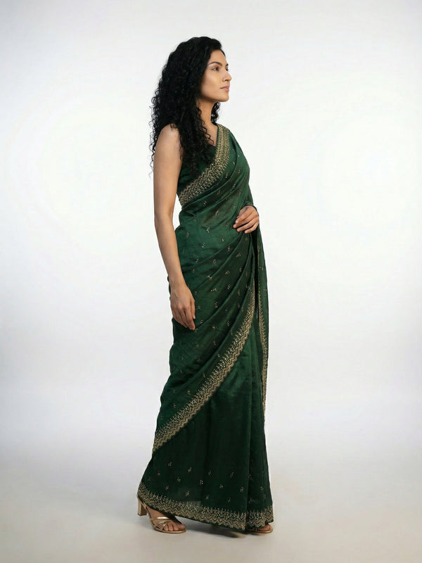 Vijithra Silk Elegant Green  Stone Work Party Wear Saree