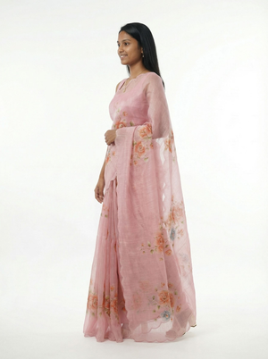 Organza Pink Floral Embroidered Saree