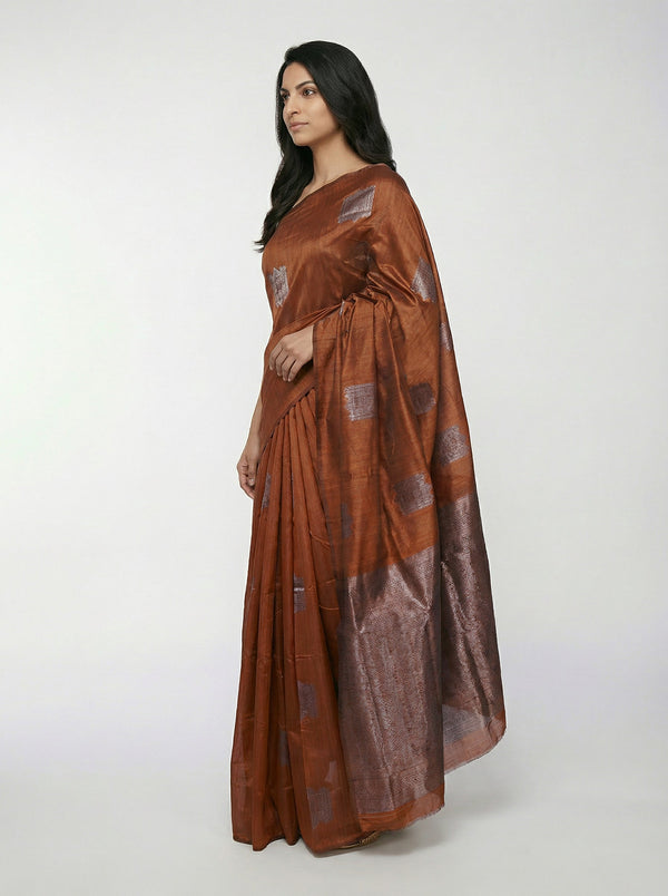 Semi Silk Women’s Brick Colour Saree with Geometric Box Pattern