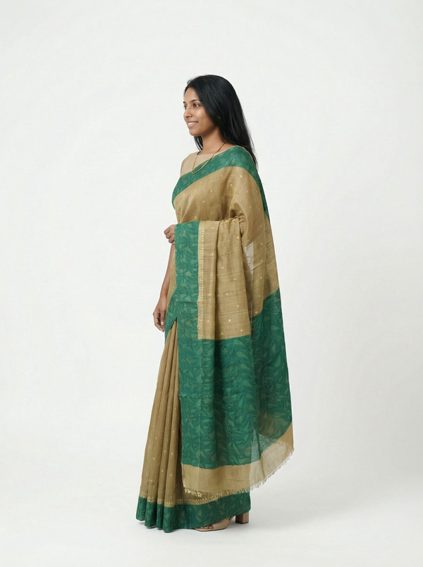 Chanderi Cotton Olive Green Border Saree