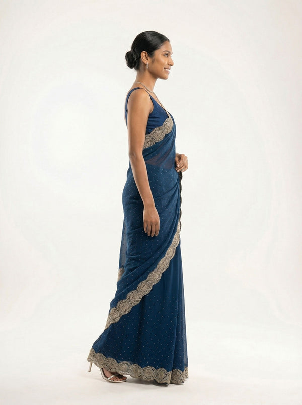 Shimmer Organza Royal Blue Plain Designer Saree with Micro Dot Work and Heavy Embroidered Border