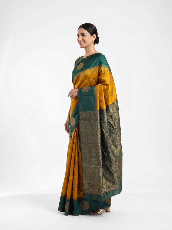 Art Silk Mustard Yellow and Dark Green Zari Woven Saree with Large Coins Butta