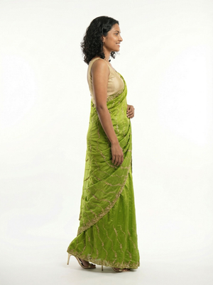 Organza Parrot Green Floral Sequence Work Designer Saree