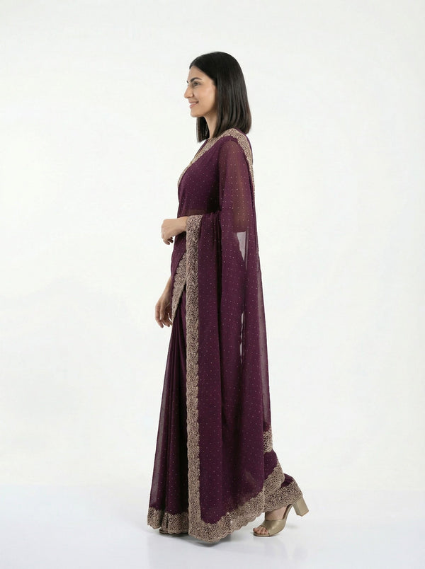 Vijithra Silk Wine Purple Zari Embroidered Designer Saree