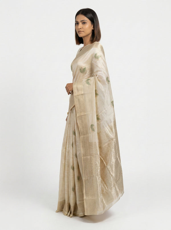 Semi Silk Off White Saree with Alternative Leaf Pattern