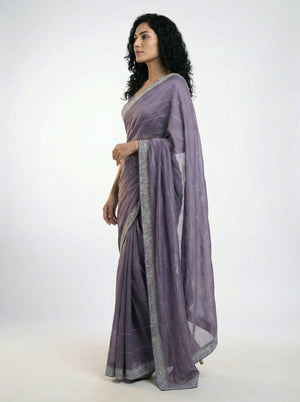 Vijithra Silk Dusty Lavender Stripe Pattern Stone Work Designer Saree