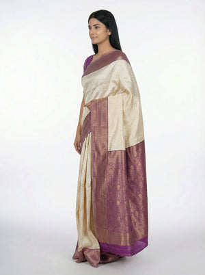 Semi Silk Women’s Off White Saree with Rich Banarasi Floral Pallu