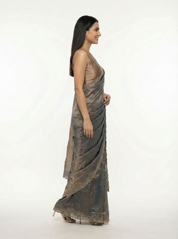 Organza Ash Grey Stone Scalloped  Designer Saree
