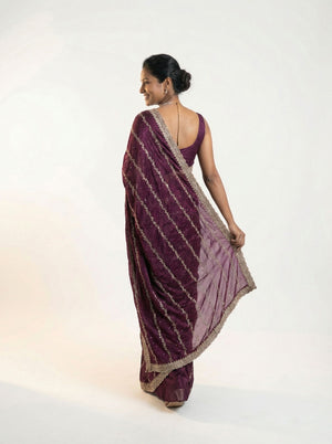 Shimmer Organza Wine Diagonal Stripe Designer Saree with Sequin Work and Embroidered Border