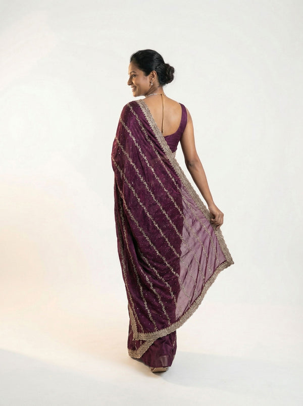 Shimmer Organza Wine Diagonal Stripe Designer Saree with Sequin Work and Embroidered Border