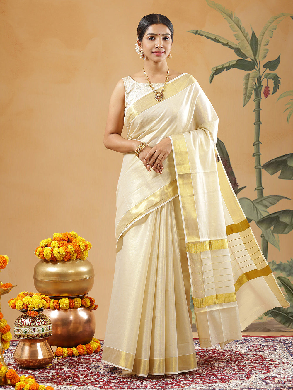 Golden Tissue Plain Set Saree With Golden Kasavu And Golden Lines On Pallu
