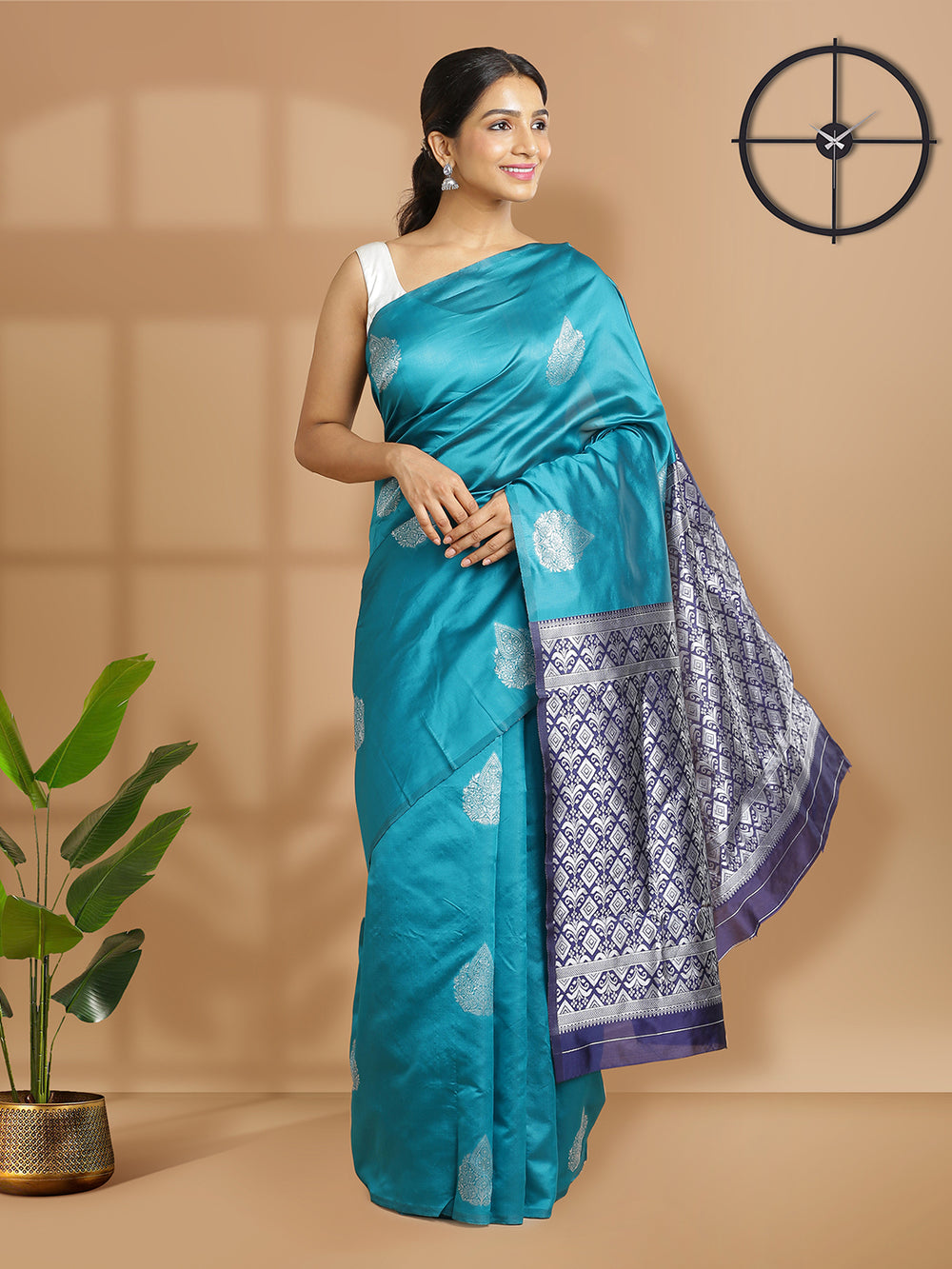 Peacock Green Color Art Silk Saree With Silver Woven Buttas Over Body
