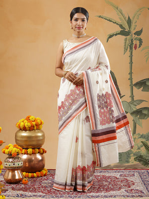 Off White Color Cotton Set Saree With Floral Machine Worked Buttas