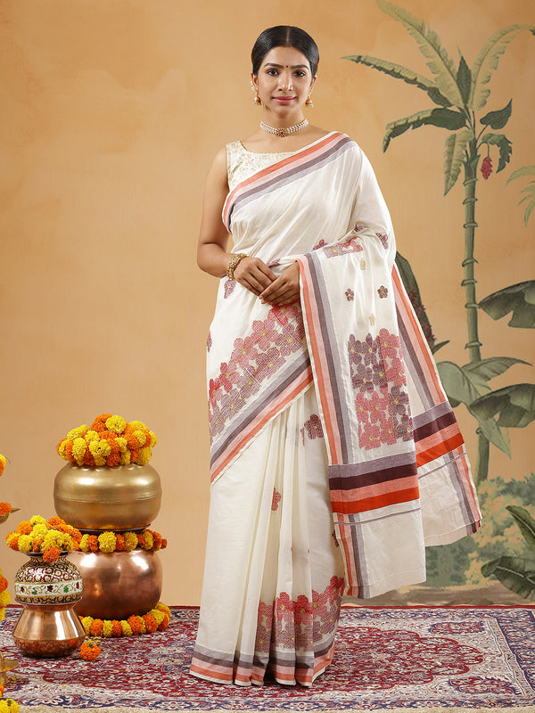 Off White Color Cotton Set Saree With Floral Machine Worked Buttas