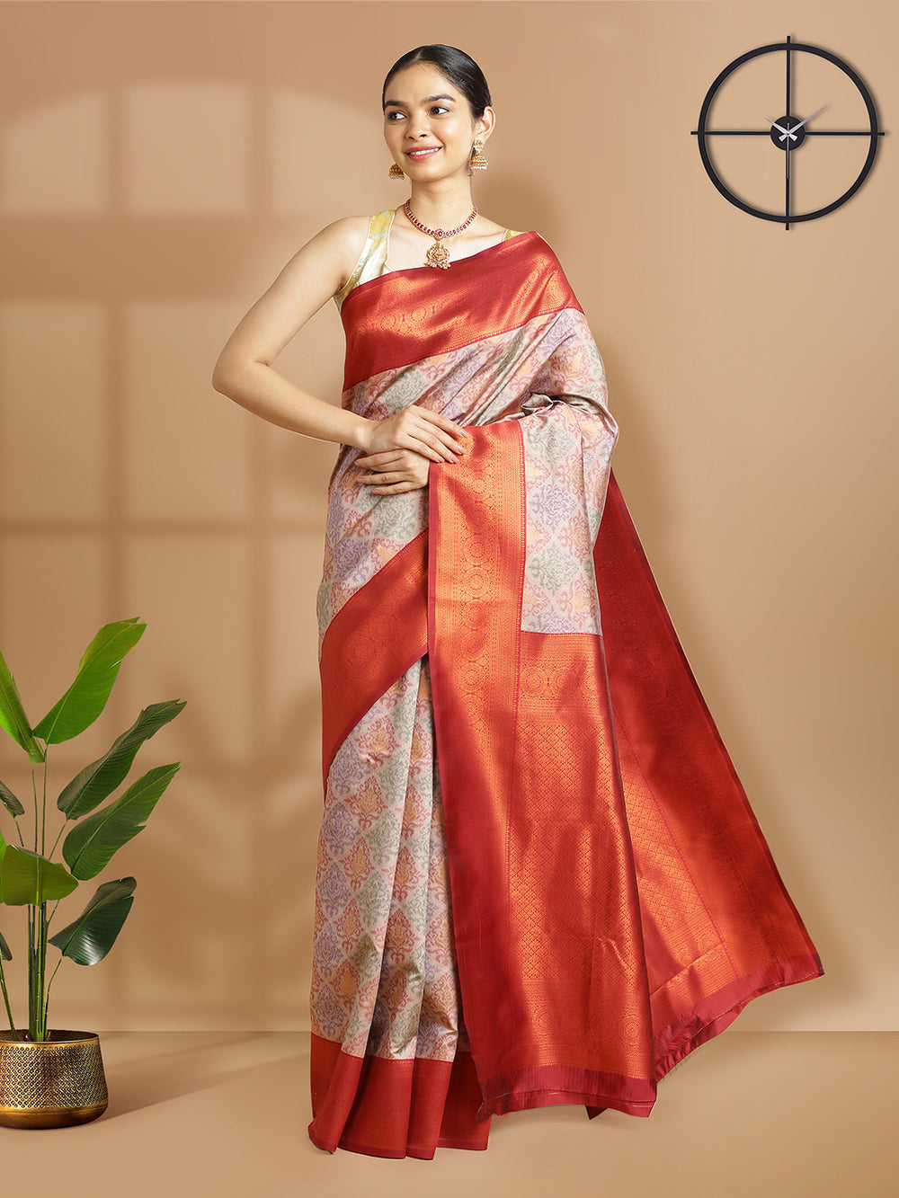 Onion Pink Art Silk Saree With Ikat Design Over Body And Maroon Border