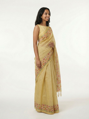 Chanderi Cotton Mustard Floral Border Saree