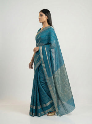 Cotton Peacock Blue Saree with Fine Zari Stripes and Rich Border