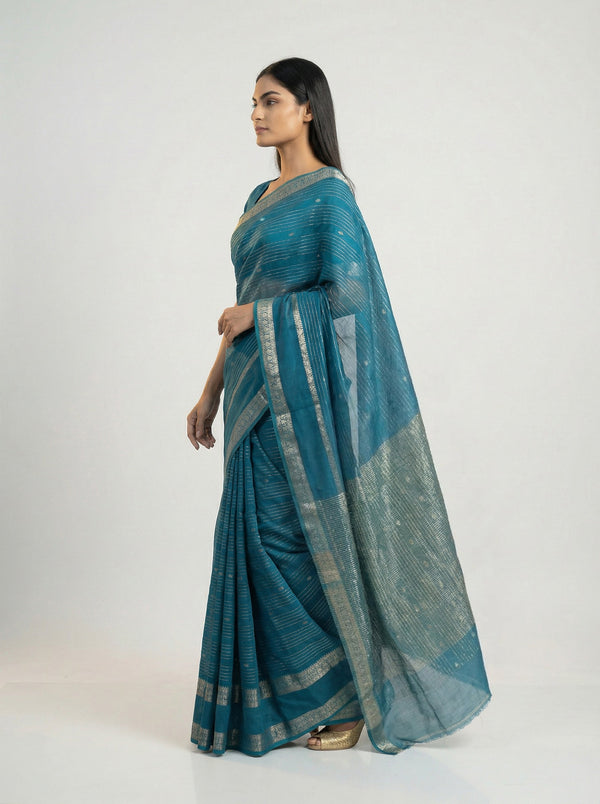 Cotton Peacock Blue Saree with Fine Zari Stripes and Rich Border