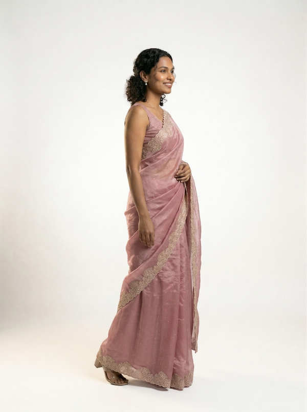 Shimmer Organza Soft Pink Plain Designer Saree with Micro Dot Work and Embroidered Border