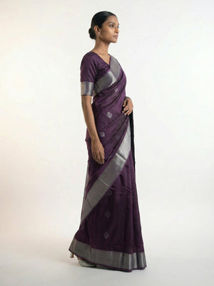 Art Silk Deep Violet Saree with Subtle Zari Buttas and Silver Border