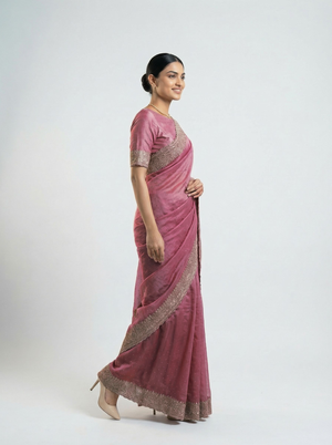 Shimmer Organza Rose Pink Designer Saree with Micro Dot Work and Embroidered Border